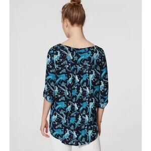 Ann Taylor LOFT Navy‎ Blue Peacock Print Exaggerated Sleeve Boat Neck Top - M